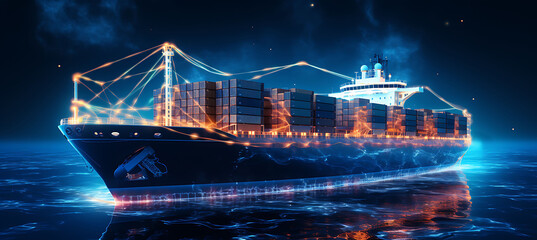Fototapeta premium Ethereal concept of AI maritime logistics within shipping and freight where AI optimizes vessel routes and ensures safe navigation