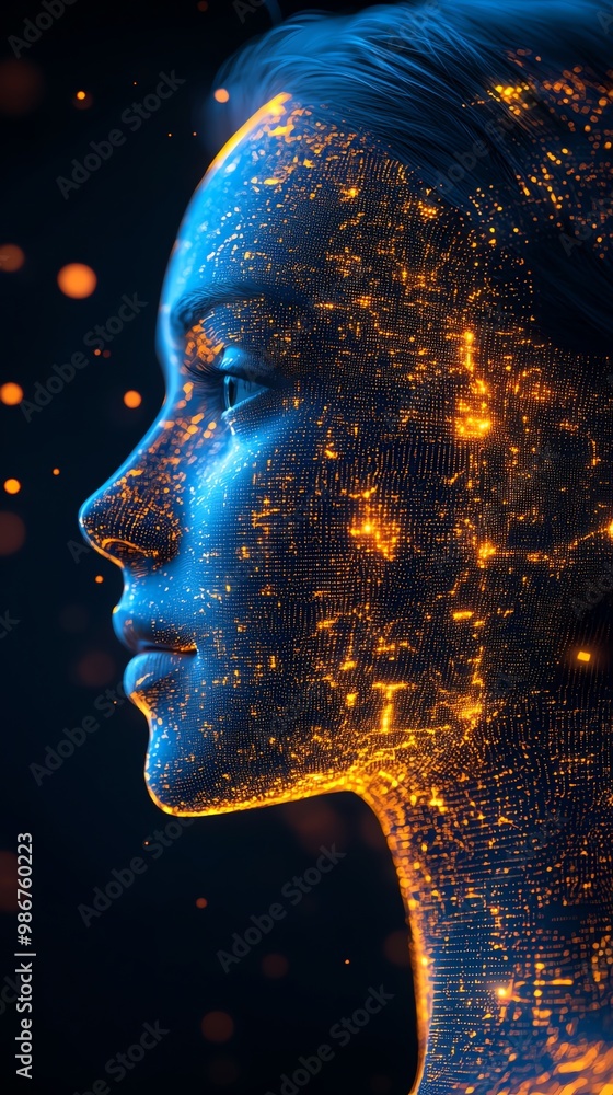 Aufkleber close-up of a digital face rendered in 3d with glowing particles.