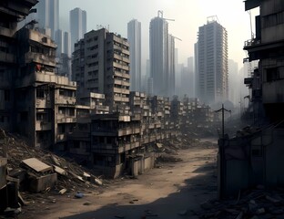 ゲーム背景　罹災したスラム街と摩天楼がある風景