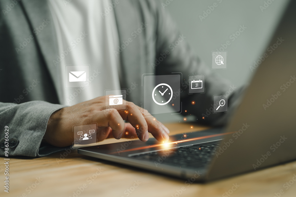 Poster project manager, time management concept. businessman use computer with clock icon on virtual screen
