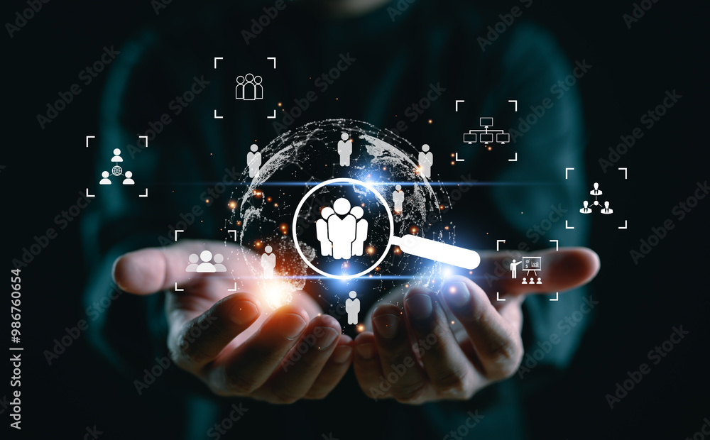 Poster Customer Relationship Management, Businessman use tablet with global structure customer network technology, Data exchanges development. customer service, social media. digital marketing online.