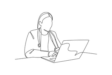 Continuous line drawing of a female doctor working on a laptop, minimalist vector illustration