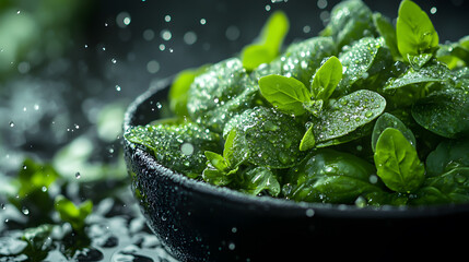 Fresh green mint leaves glistening with droplets of water, perfect for culinary and herbal themes in photography.