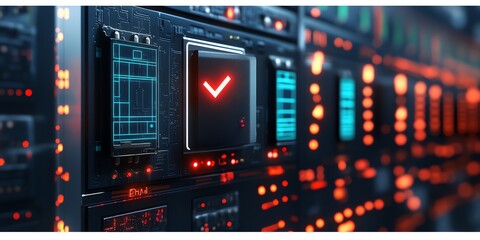 Close-up of a server rack with a red checkmark on a display, indicating completion or success.