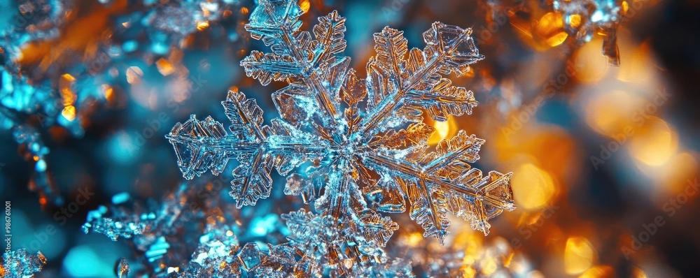 Poster stunning close-up of a delicate snowflake surrounded by shimmering lights, capturing winter's beauty