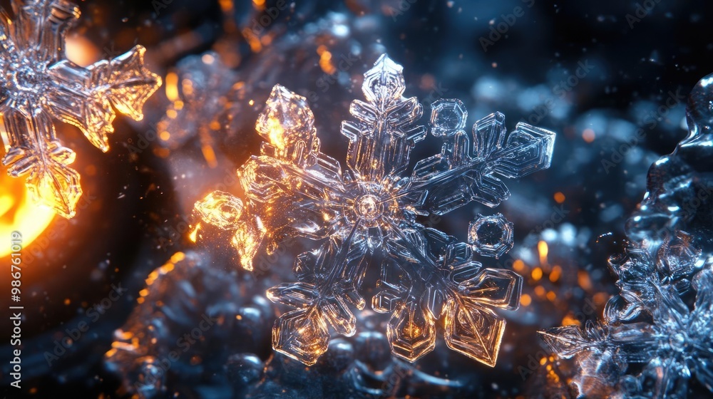 Aufkleber a stunning close-up of a single snowflake with intricate patterns, glowing against a dark, blurred b