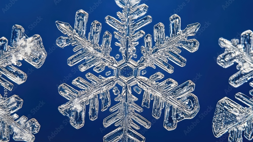 Poster a close-up view of a beautifully intricate snowflake against a deep blue background, showcasing its 