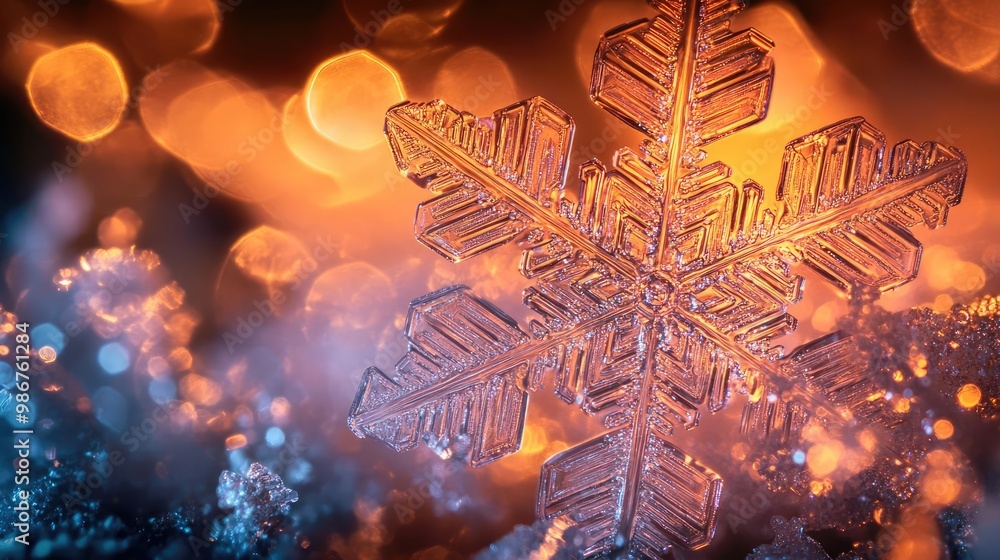 Poster a close-up of a delicate snowflake with shimmering details against a soft, warm bokeh background, em