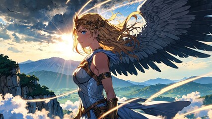 a striking valkyrie her armor gleaming in th image