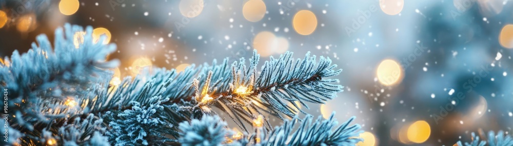 Poster a serene winter scene featuring a frosted pine branch adorned with soft glowing lights and gently fa