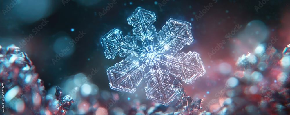 Poster a mesmerizing snowflake captured close-up, showcasing intricate details and sparkling textures again