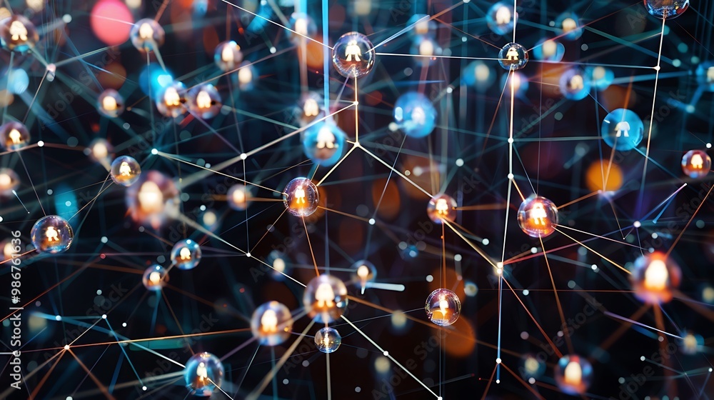 Poster 3d rendering of a network, where spheres represent nodes, interconnected by lines that symbolize rel