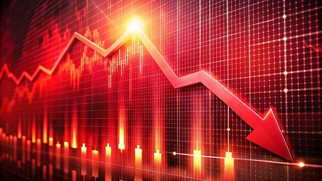 The image shows a red arrow pointing down on a red background grid. The arrow is pointing down with a sharp decline, symbolizing a negative trend or a loss in value. The grid represents a chart