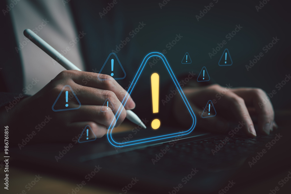 Poster system hacked warning alert on laptop computer. cyberattack on computer network, virus, spyware, mal