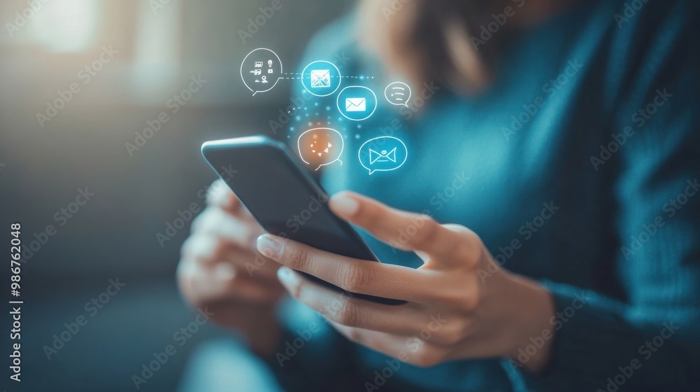 Poster selective focus on a smartphone messaging app, with the user hands and background softly blurred.