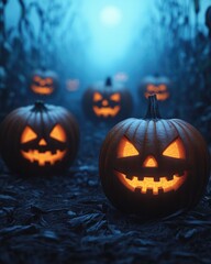 A spooky Halloween scene featuring glowing jack-o'-lanterns amidst a misty cornfield, evoking an eerie, festive atmosphere.