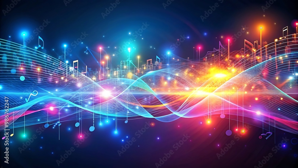 Poster abstract music background with colorful lights and notes.