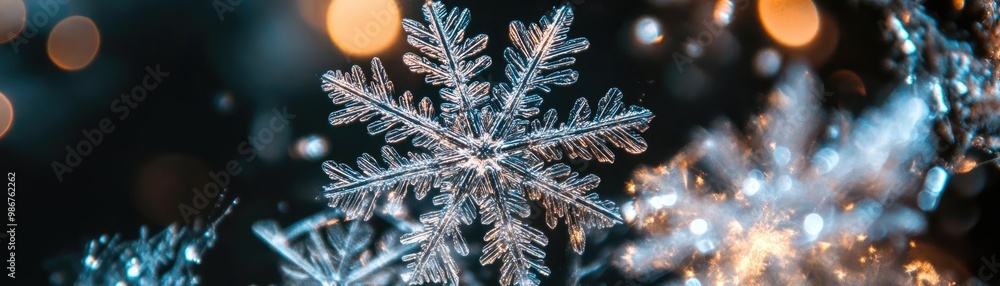 Poster a close-up view of a beautiful snowflake with intricate details against a dark, sparkling background