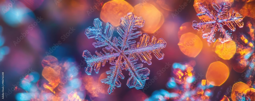 Poster a mesmerizing close-up of a delicate snowflake surrounded by colorful bokeh lights, capturing the es