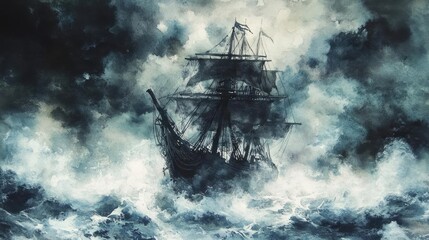 A dramatic painting of a ship navigating through stormy seas, capturing the relentless power of nature and adventure.
