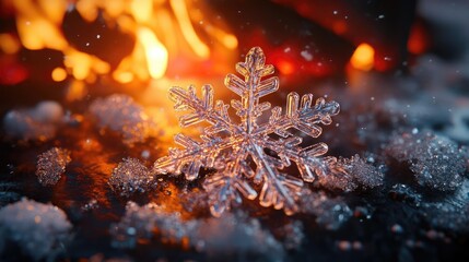A delicate snowflake rests on soft snow, illuminated by the warm glow of a cozy fire, creating a beautiful winter scene.