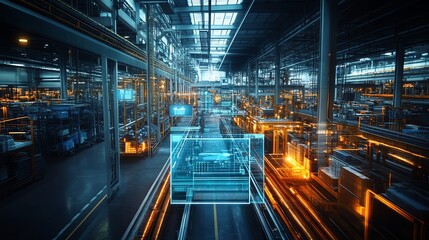 Futuristic factory interior with automated production lines and glowing digital interface.