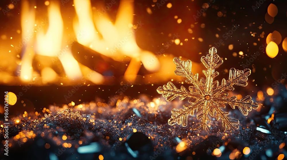 Poster a beautiful snowflake sparkles in front of a warm, glowing fire, creating a magical winter ambiance 