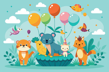 Fototapeta premium A cheerful scene of animals joyfully floating with balloons in a vibrant garden atmosphere, Customizable flat illustration of animals floating with balloons.