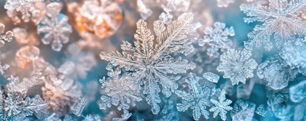 Poster close-up of intricate snowflakes featuring delicate patterns and ethereal textures, capturing the be