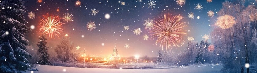Fototapeta premium A magical winter scene featuring vibrant fireworks illuminating a snowy landscape at night, perfect for holiday celebrations.