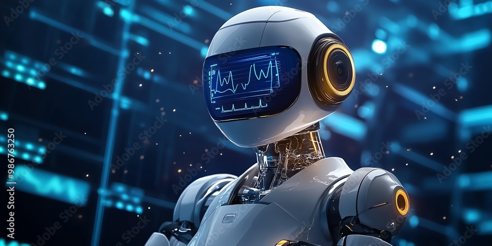 Poster futuristic robot with a blue digital display showing a waveform.
