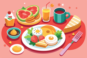 A vibrant brunch setup featuring eggs, pancakes, fruit, and refreshing beverages arranged on a table, Customizable flat illustration of brunch food.