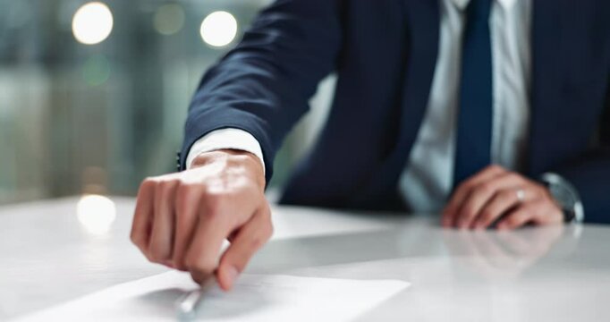 Hands, legal and contract on table in office and lawyer with document for loan application. Writing, sign and paper on desk for employee with pen for client, person and information in letter or bokeh