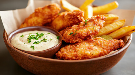 Fototapeta premium Crispy fried chicken tenders with golden fries and creamy dipping sauce
