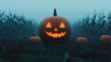 Fototapeta premium A glowing jack-o'-lantern sits in a misty field, surrounded by pumpkins, creating a spooky Halloween atmosphere.
