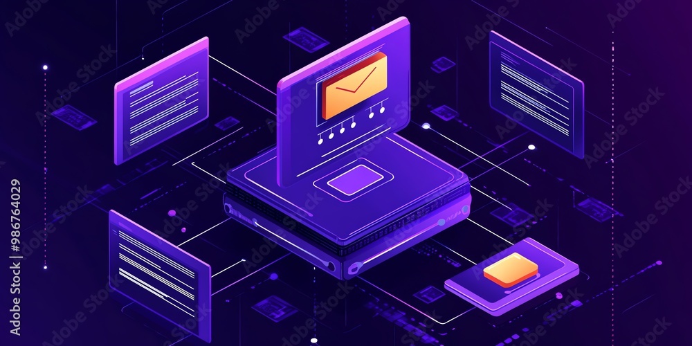 Poster isometric illustration of a server with multiple screens and a network connection.