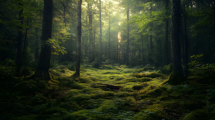 quiet, dense forest at twilight, with gentle light playing off the moss-covered ground and the rhythmic chirping of crickets adding to the calm