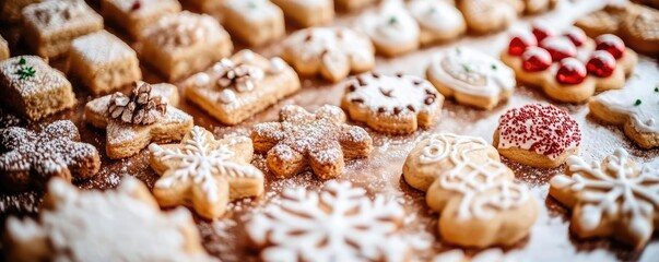 A beautiful arrangement of decorated cookies in various festive shapes, perfect for holiday celebrations and gatherings.