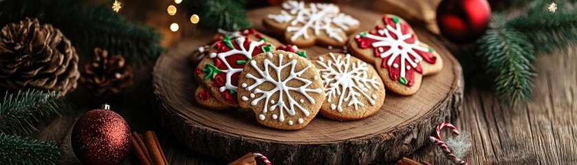 Festive decorated cookies on a wooden plate, perfect for holiday celebrations and cozy gatherings.