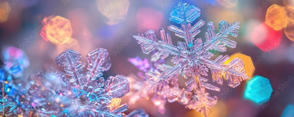 Aufkleber a close-up view of sparkling snowflakes illuminated by colorful lights, creating a magical winter am