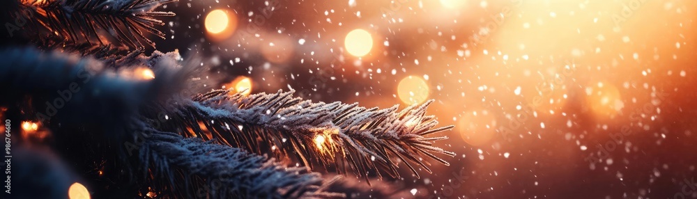 Poster a close-up view of a snow-covered tree branch adorned with glowing lights, creating a magical winter