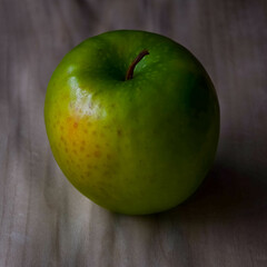 A single ripe Granny Smith apple, showing a hint of red blushing, posed on a wood background