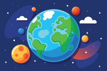 A vibrant illustration depicts Earth alongside its moon and other colorful planets in space, Customizable flat illustration of Earth and moon