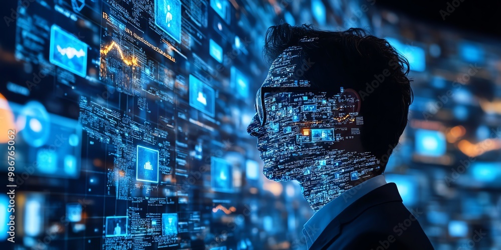Poster silhouette of a person in a suit with glowing data streams and code.