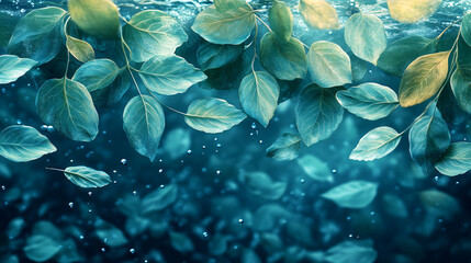 Water Surface Green Foliage Leaves with Scattered Bubbles Beautiful Nature Background Wellness and Relaxation Concept