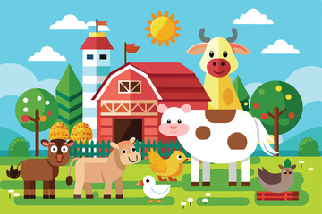 Obraz premium A colorful illustration features diverse farm animals enjoying a sunny day near a barn and vibrant surroundings, Customizable flat illustration of farm animals