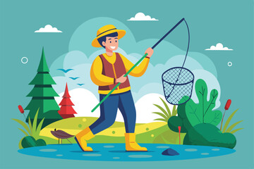 A fisherman in yellow boots happily casts his net in a tranquil pond surrounded by trees and plants, Customizable flat illustration of fishing with a net.