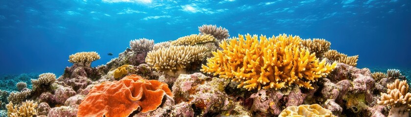 A vibrant coral reef teeming with colorful marine life and diverse corals, thriving under sunlight in a clear underwater environment.