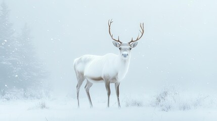 A majestic white deer stands gracefully in a serene snowy landscape, enveloped by soft falling snowflakes.