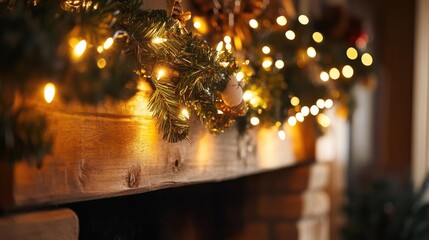 Obraz premium Cozy festive setting with glowing lights and evergreen garland adorning a wooden mantelpiece, perfect for holiday warmth.